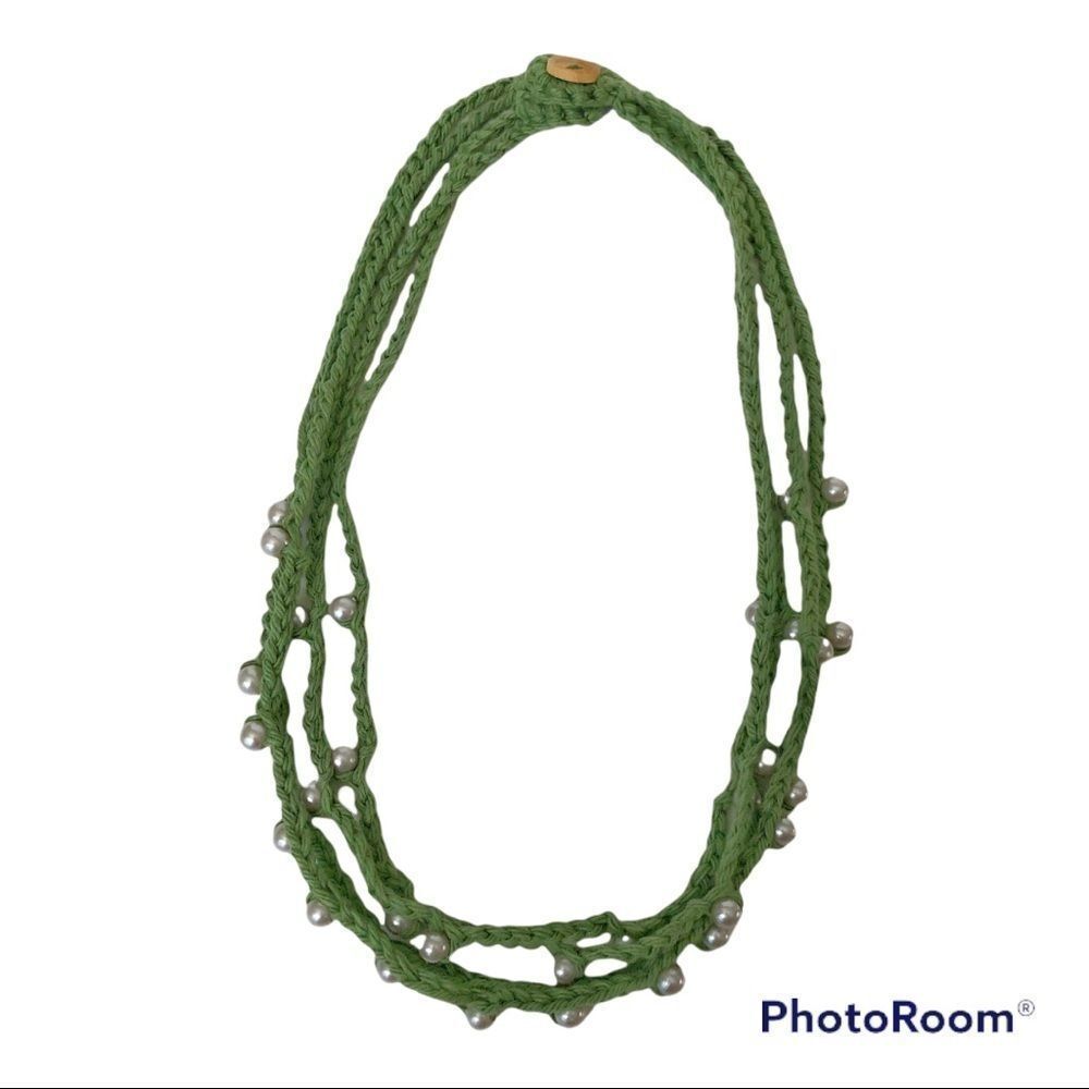 Hand Crafted Crochet Boho Bead Necklace Green Gray Beads Wood Button Pearlcore